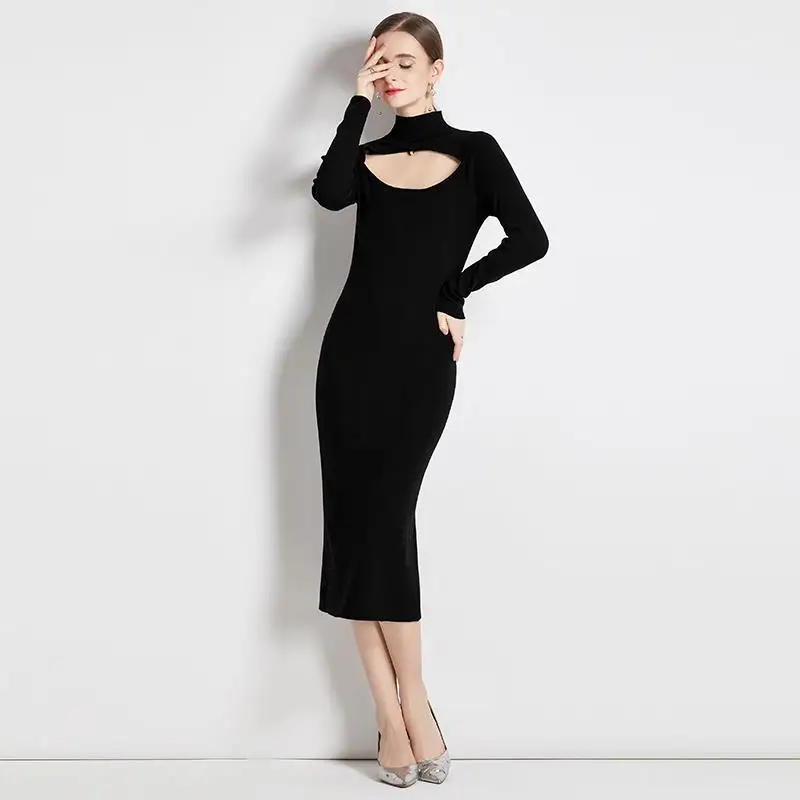 

Autumn Winter Black Knitted Dress Women Solid Color Turtleneck Bottoming Hollowed-out Slim Elegant Long Sweater Dresses