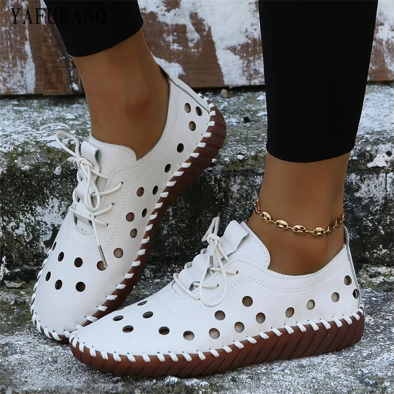 

Hollow Out Lace-up Front Oxford Shoes Soft Bottom Comfort Casual Flat Shoes Breathable Loafers Moccasins Women Boat Shoes