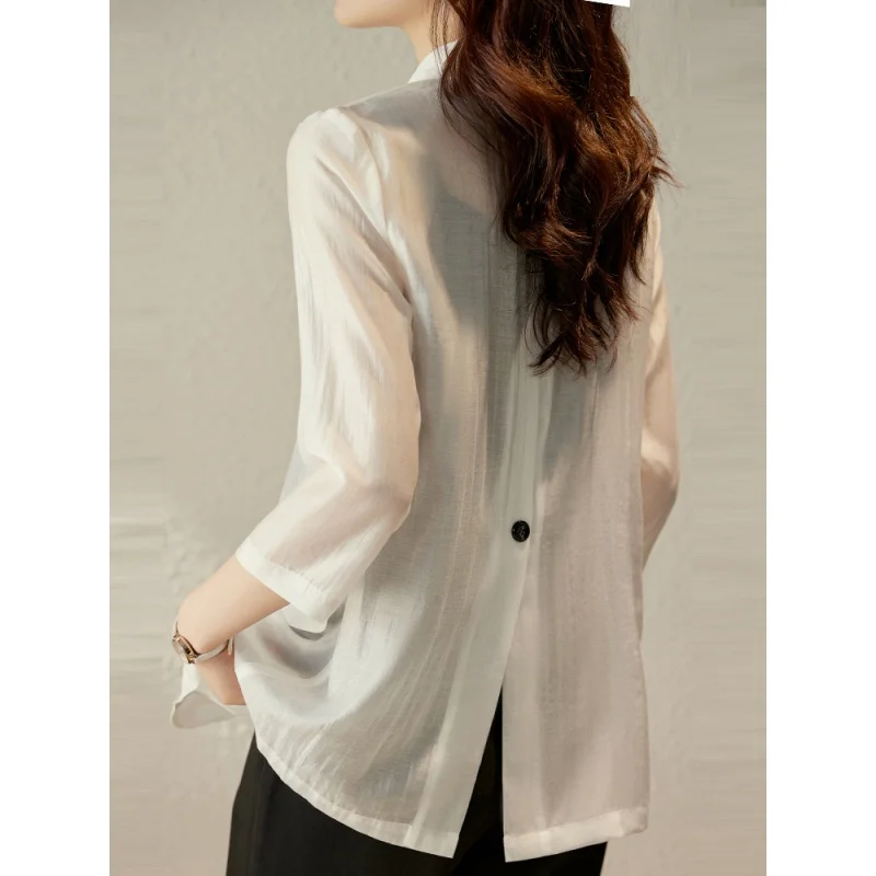 

Tencel Thin Small Suit Jacket for Women 2023 Summer New Three-Quarter Sleeve Korean Fashion Casual Suit Top
