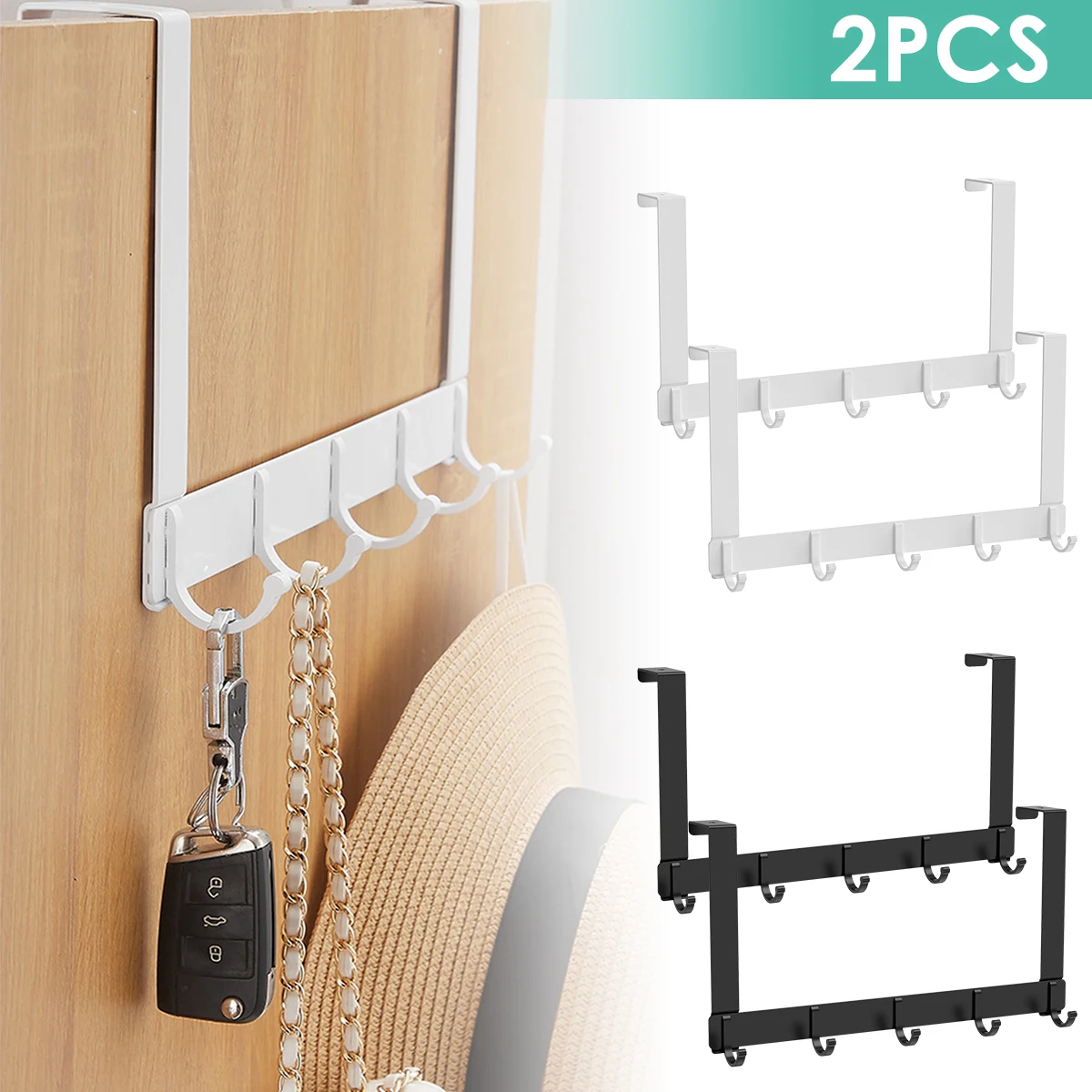 

2 Packs Over Door Hook Hangers with 5 Hooks Durable Aluminum Door Hook Hangers No-Drilling Hanging Hook Racks Towel Rack Towel