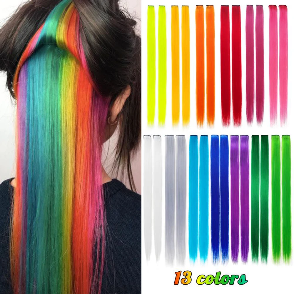 Hair Piece 10 Pcs/pack Hair Clip Rainbow Hair Streak Pink Synthetic Hair Strands On Clips