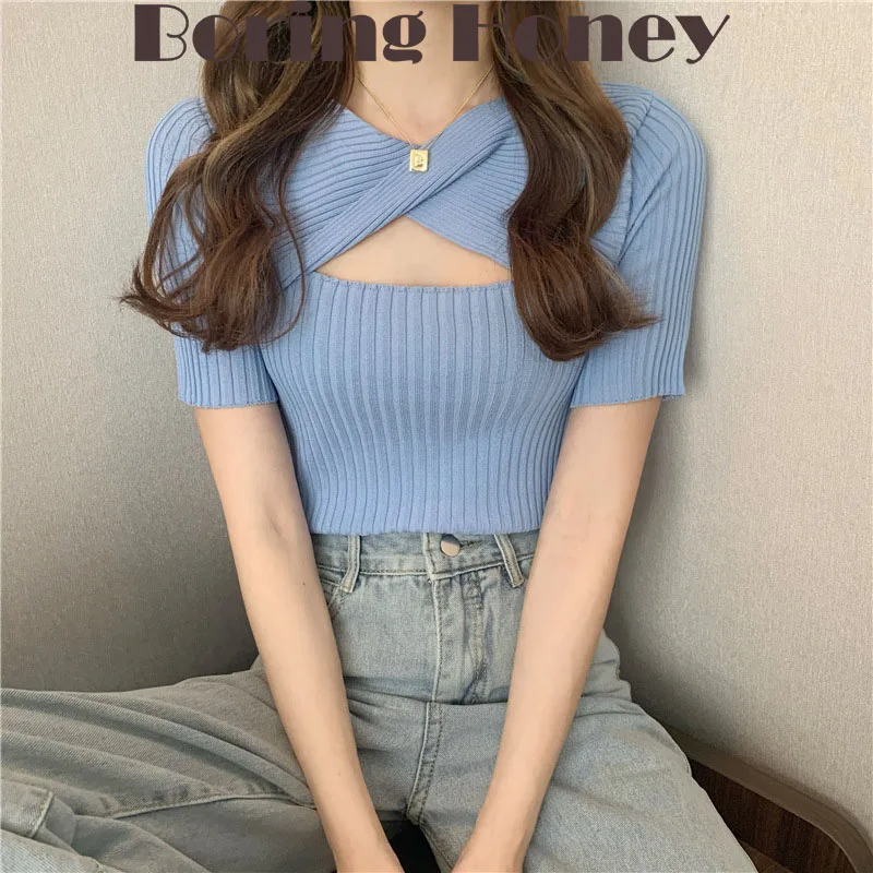 

Boring Honey Fashion Women Blouses Summer Hollow Out Short Women's T-Shirt Slim Basic Be All-Match Knitted Tank Tops Women