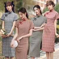 Plaid Improved Cheongsam Young Model 2022 New Girl Literary Retro Mid-length Dress Chinese Traditional Clothing Qipao for Women