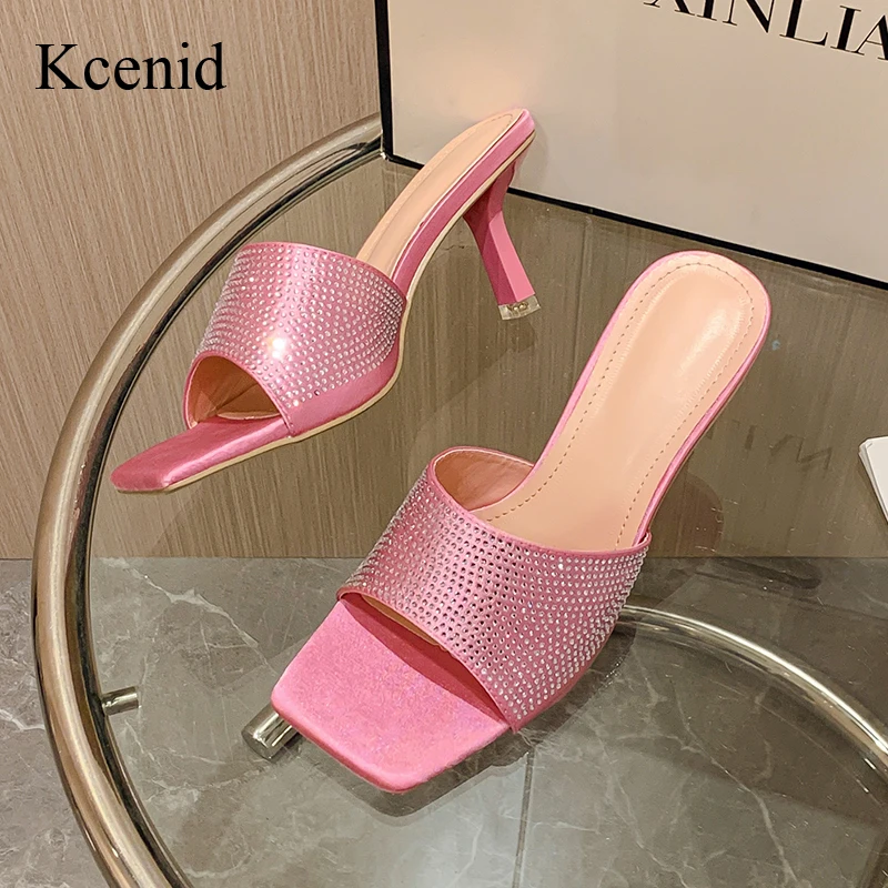 Летние шлепанцы Kcenid с квадратным носком для женщин модные блестящие шёлковые
