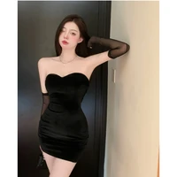summer sexy high waist with oversleeves chest wrapped dress women hepburn style slim fit off neck ruffle hip short skirt