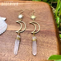crescent earrings golden sun and hollow moon natural clear quartz crystal earrings boho style healing crystal earrings