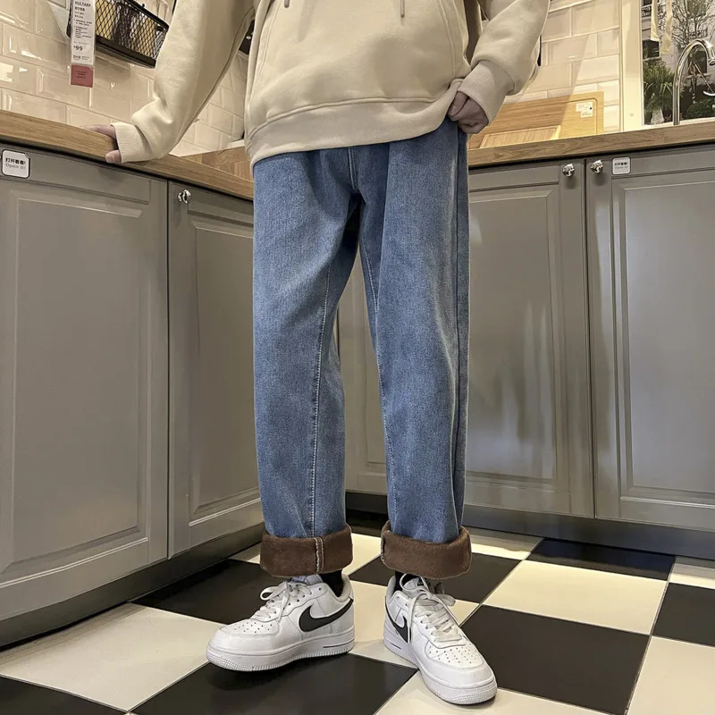 Winter Plush Thickened Jeans Men Warm Fashion Casual Straight Jeans Men Streetwear Korean Loose Thick Denim Pants Mens Trousers