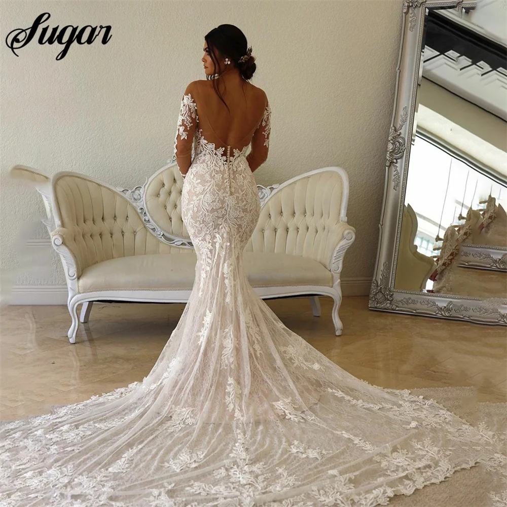 Купи Boho Lace Wedding Dress Mermaid Illusion Bodice vestido de noiva Long Sleeve Sheer Neck Appliques Bridal Gowns robe de mariée за 4,500 рублей в магазине AliExpress