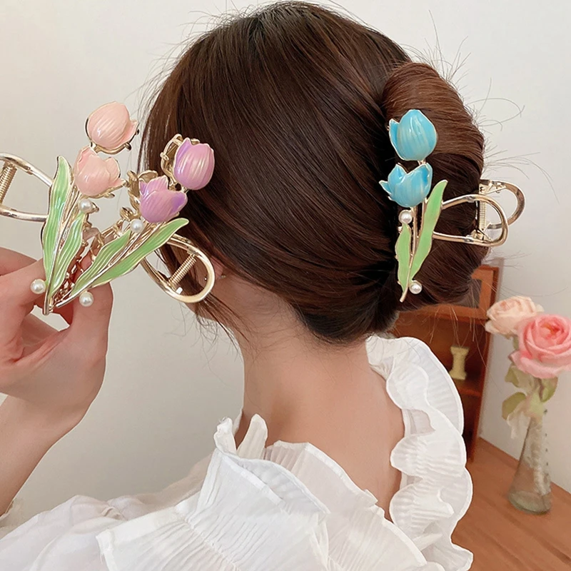 

New Tulip Hair Claw Flower Grace Clip Headdress Vintage Ponytail Claw Clip Trendy Sweet HAIR CLIP FOR GIRL Hair Jewelry