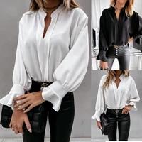 long sleeved womens shirt 2022 autumn and winter solid color ruffled v neck women shirts blouses blusas de mujer