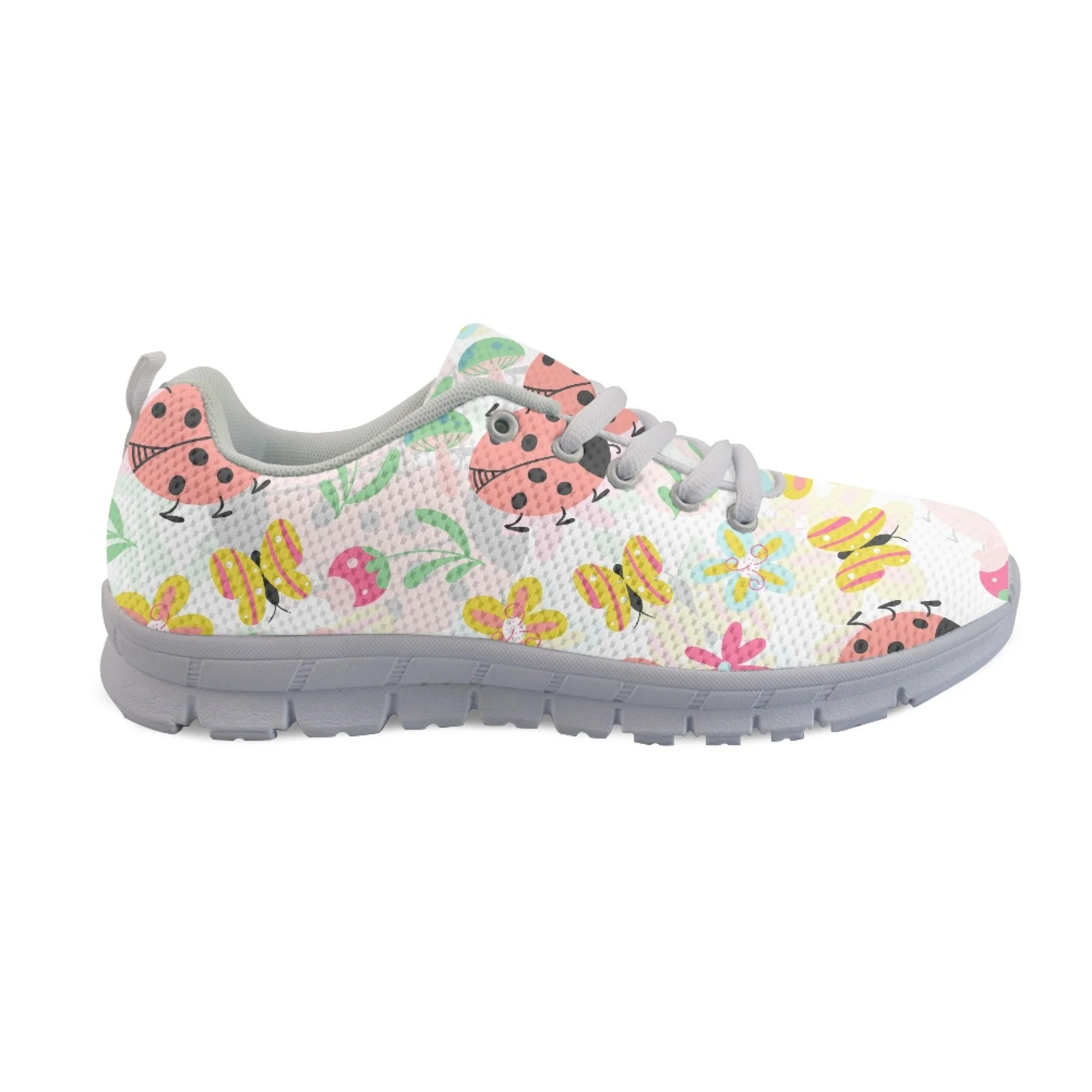Yikeluo Cartoon Pattern with Flower Printed Mesh Shoes Woman Spring Ladies Shoes Lace-Up Flats Sneakers Women Unsex Footwear