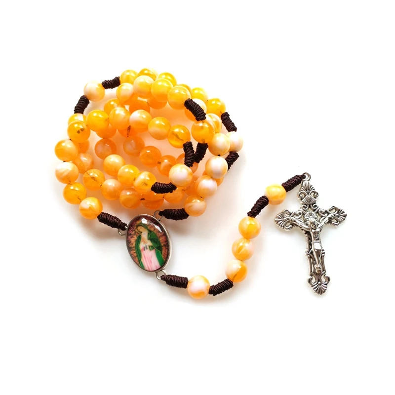 

QIGO Weave Rosary Necklace Acrylic Beads Cross Pendant For Men Women Religious Pray Jewelry