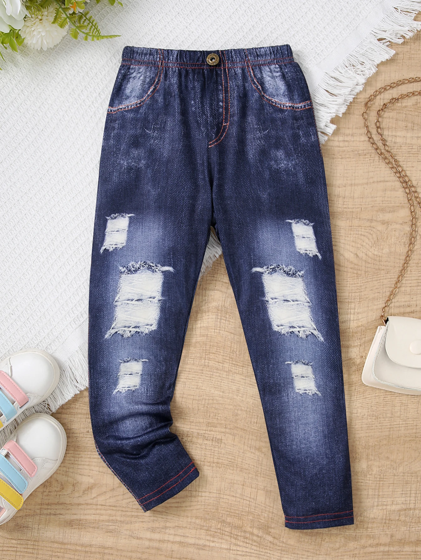Весенне-осенние Имитационные ковбойские детские брюки для девочек с рваными