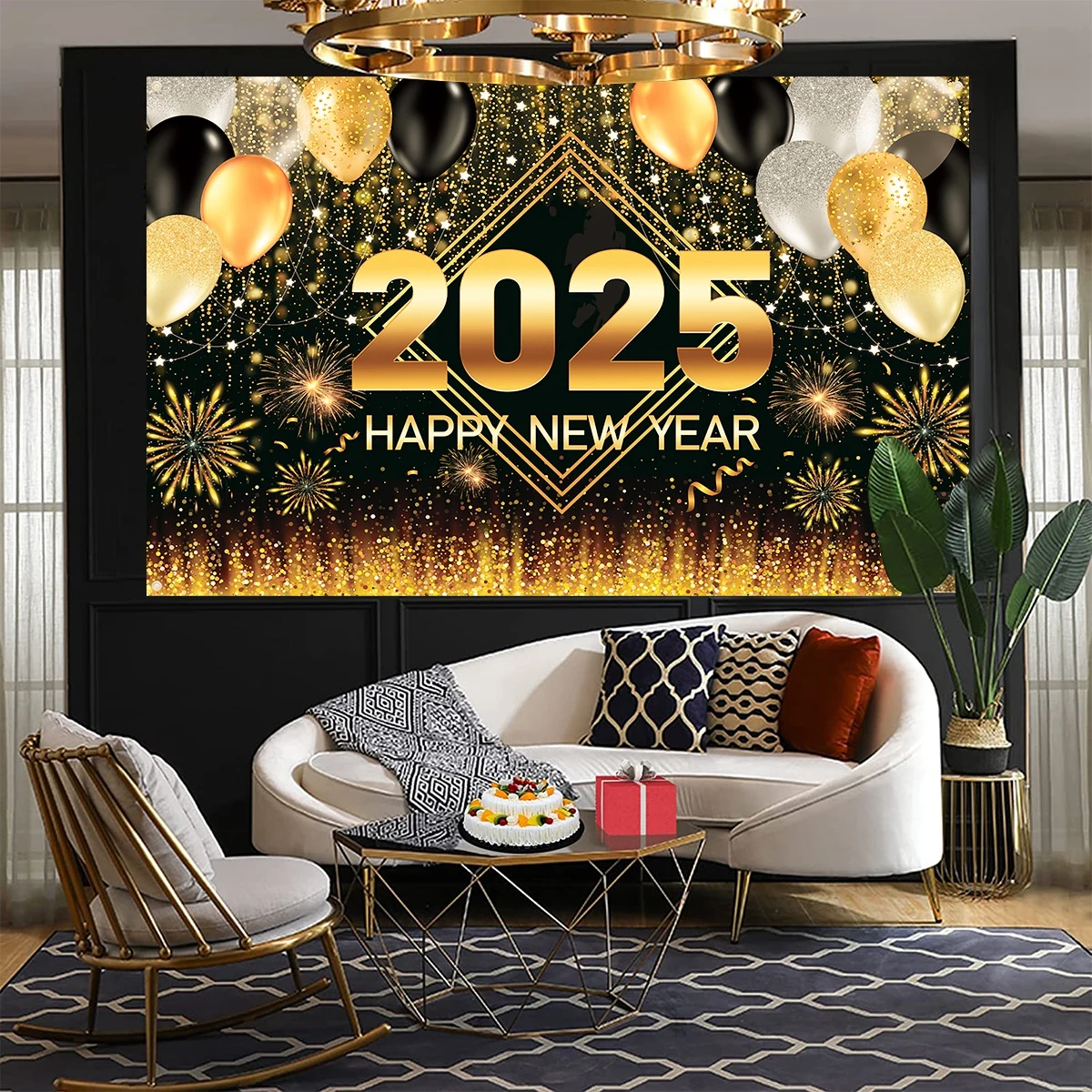 Черный золотой Новогодний фон баннер 2025 с новым годом Рождество фотоподарки