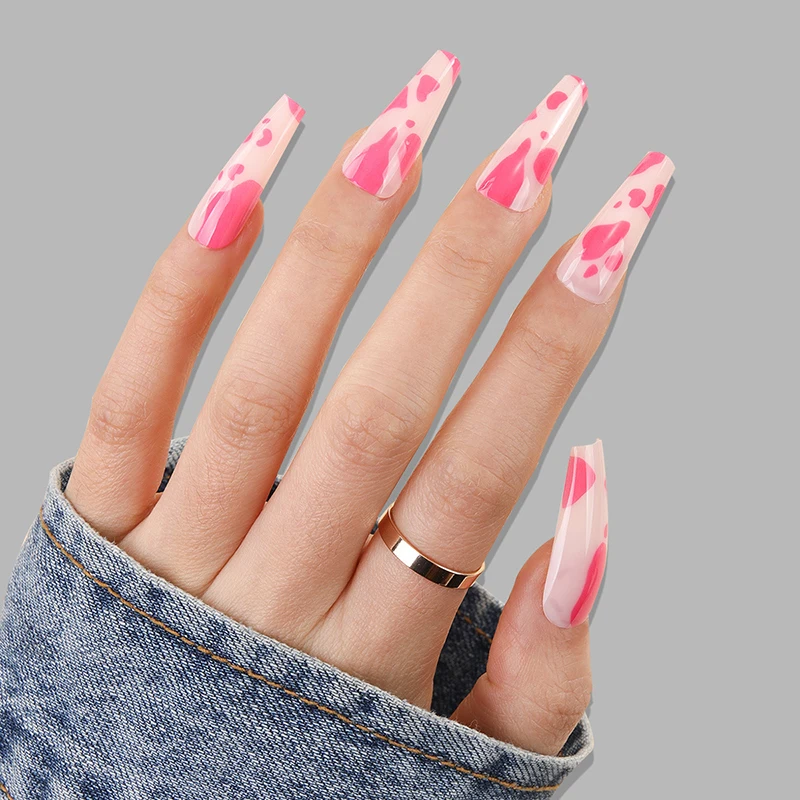 

24PCS Fake Nails Ombre Rhinestone Fake Nail Coffin Ballerina Ladies Fingernail Natural Long French Gradient Press On False Nails