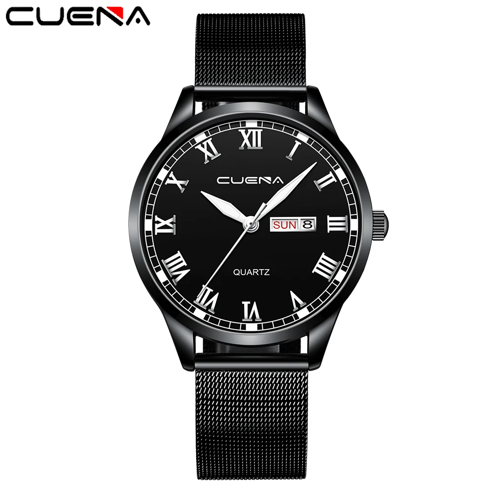 

CUENA Men's Luxury Business Watch Fashion Analog Sport Quartz Wristwatch Casual Mesh Belt Calendar Clock Relogio Masculino