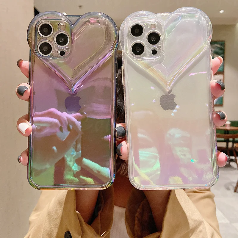 

Luxury Aurora 3D Transparent Heart-shaped Camera Laser Gradient Cute For iPhone 13 12 11 Pro Max XS XR 7 8Plus Phone Case Soft
