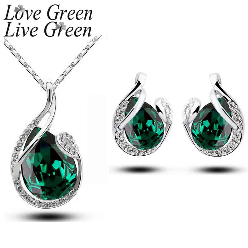 heart kryształowy wisiorek zestawy biżuterii szmaragdowo-zielony naszyjnik w kształcie kropli wody kolczyki akcesoria nowa oferta hurtownia