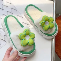 winter womens house slippers warm plush thick sole slippers cute flower platform shoes with fur comfort non slip female slides