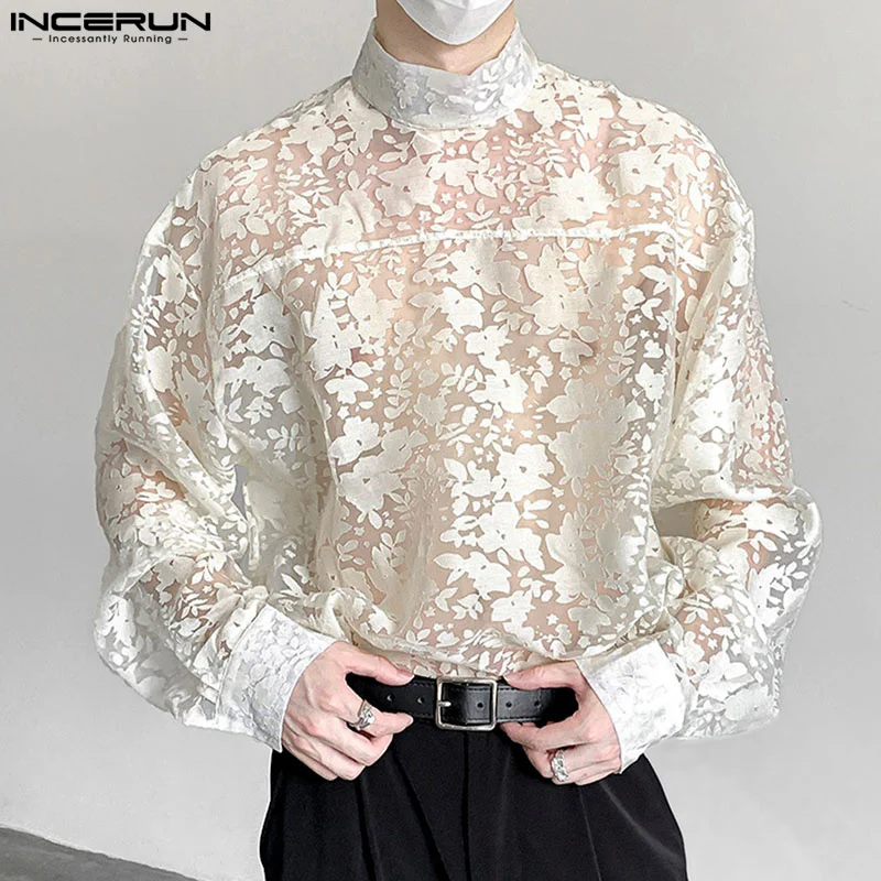 Футболка INCERUN мужская с длинным рукавом Прозрачная жаккардовая водолазка