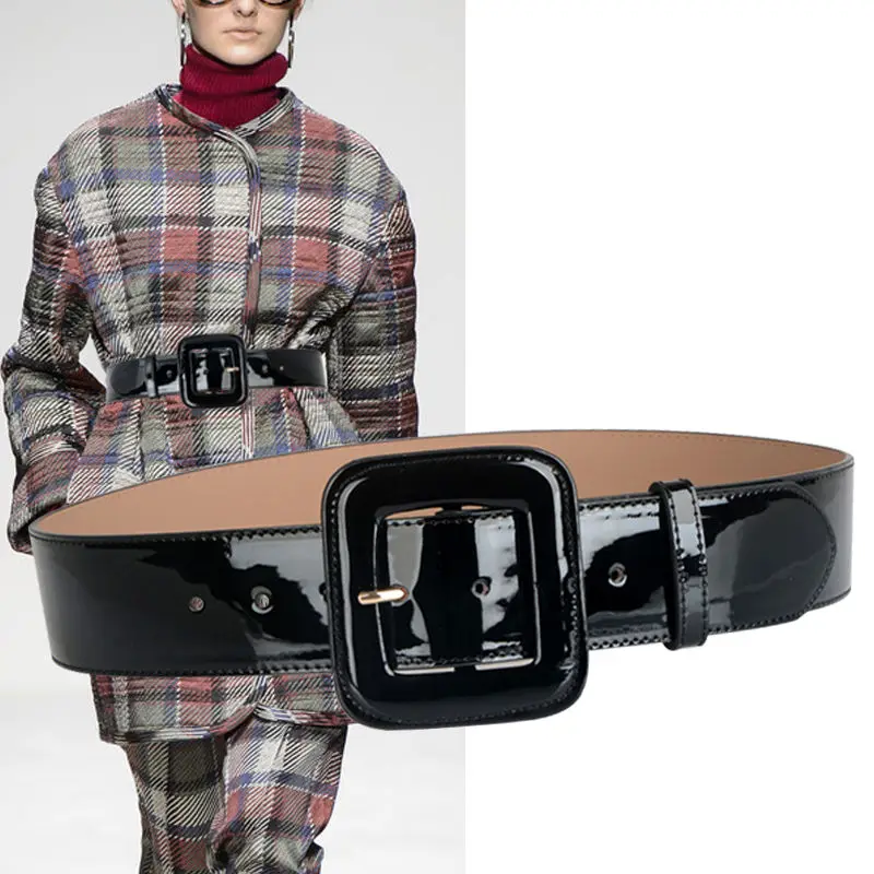 

Designers Brand Women Wide Cowhide Belt High Quality Bright Red Black Woman High Waist Slim Body Belts For Coat Dresses