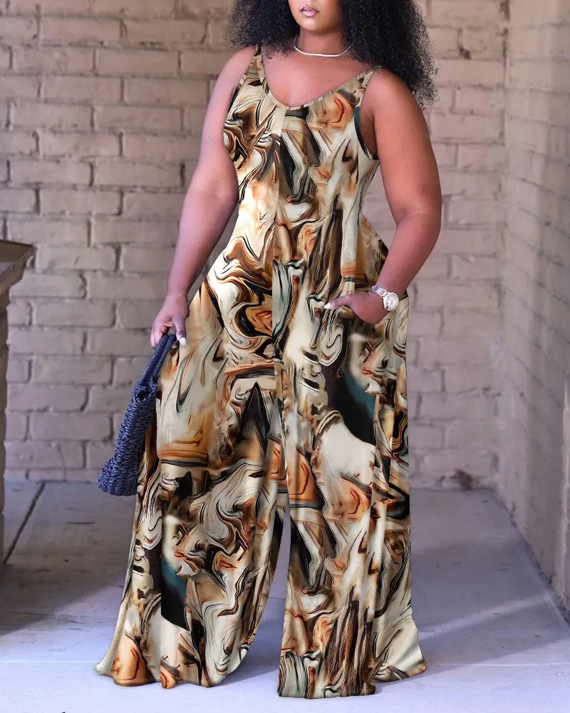 

Комбинезон женский с широкими штанинами, повседневный свободный Ромпер на бретелях-спагетти, с принтом, с круглым вырезом и карманами, на лето