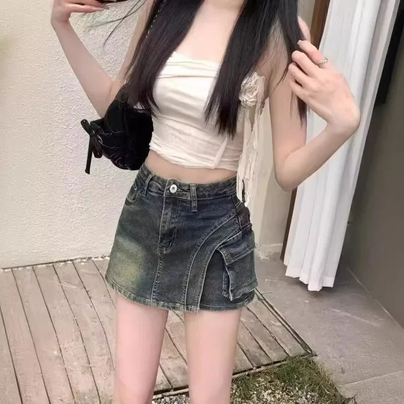 Винтажная джинсовая юбка с высокой талией и карманами лето 2023 новый стиль