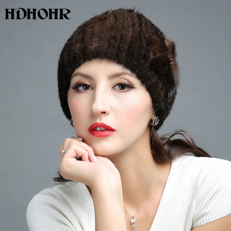

New Fur 2023 Hat Winter Women Genuine Mink Fur Hat Flowers decorate Knitted Beanies Fashion Women Fur Caps