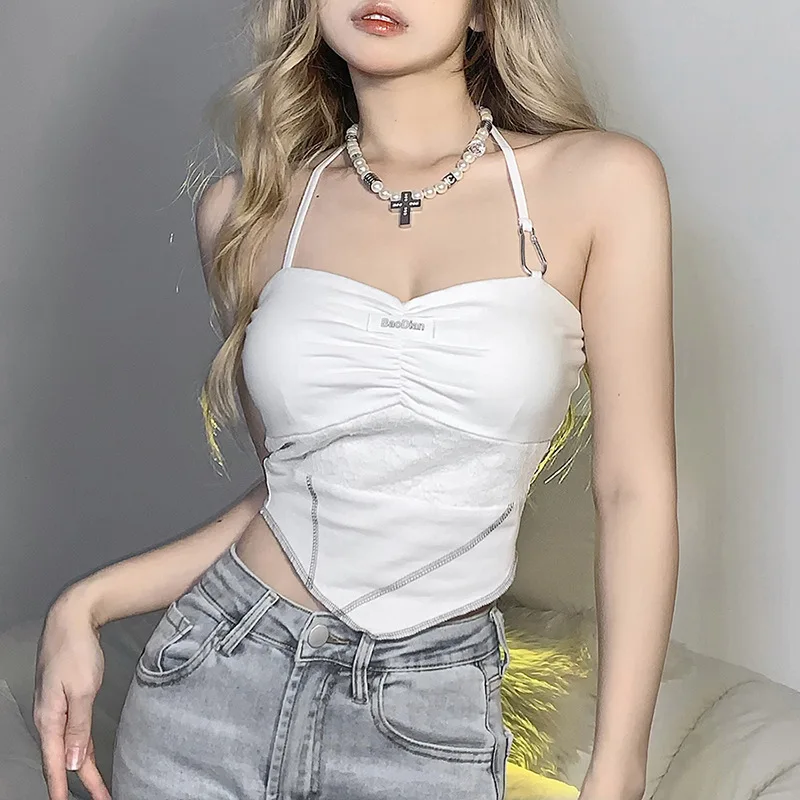 

Women's summer new white slim fit and slim fashion sexy halter suspenders with backless vest top