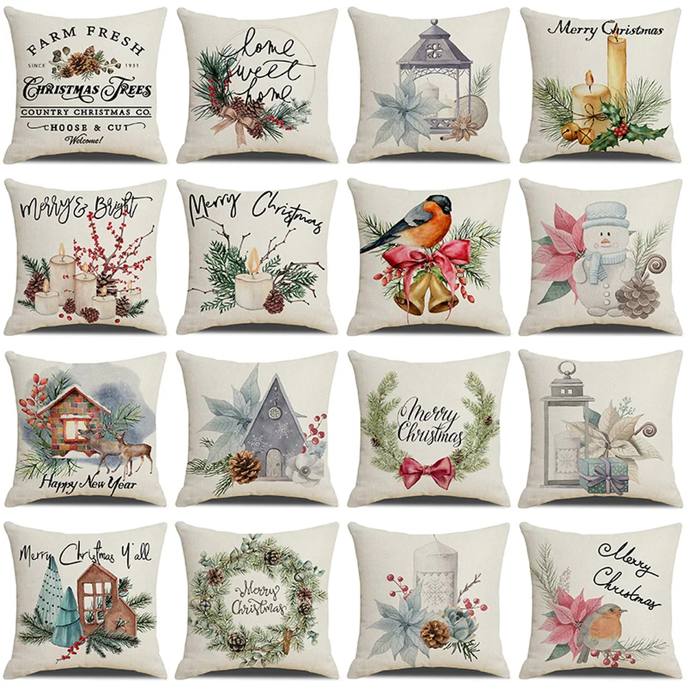 

Christmas Cushion Cover Simple Painting Printed Pillow Covers 18x18 Inches Xmas Decorations Candle Bird Flower Linen Pillowcase