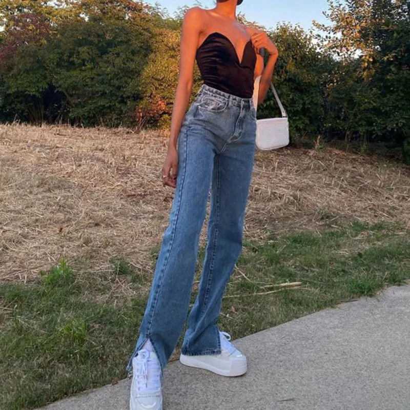 Y2k Retro High Waist Jeans Women Casual Sexy Chic Fitting Split Feet Hem Trousers Fashion Solid Color Straight Pants Pantalones