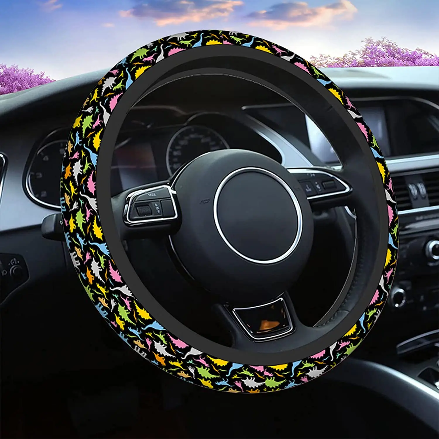 

Car Steering Wheel Covers Dinosaurs Cartoon Colorful Cartoon Funny Beast Dinosaur Black Universal Soft Anti-Slip Car Accessories