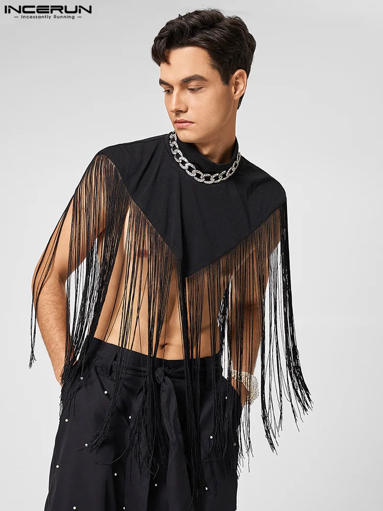 

INCERUN мужской жилет Лоскутная водолазка без рукавов Повседневная Асимметричная накидка Сексуальная уличная одежда 2022 модная мужская майка