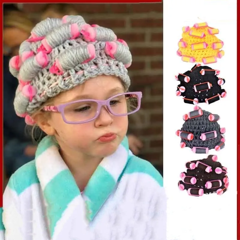 Adult Kids Baby Knitted Hair Roller Curlers Wig Hat Funny Housewife Landlady Cosplay Costume Elastic Head Cover Cap