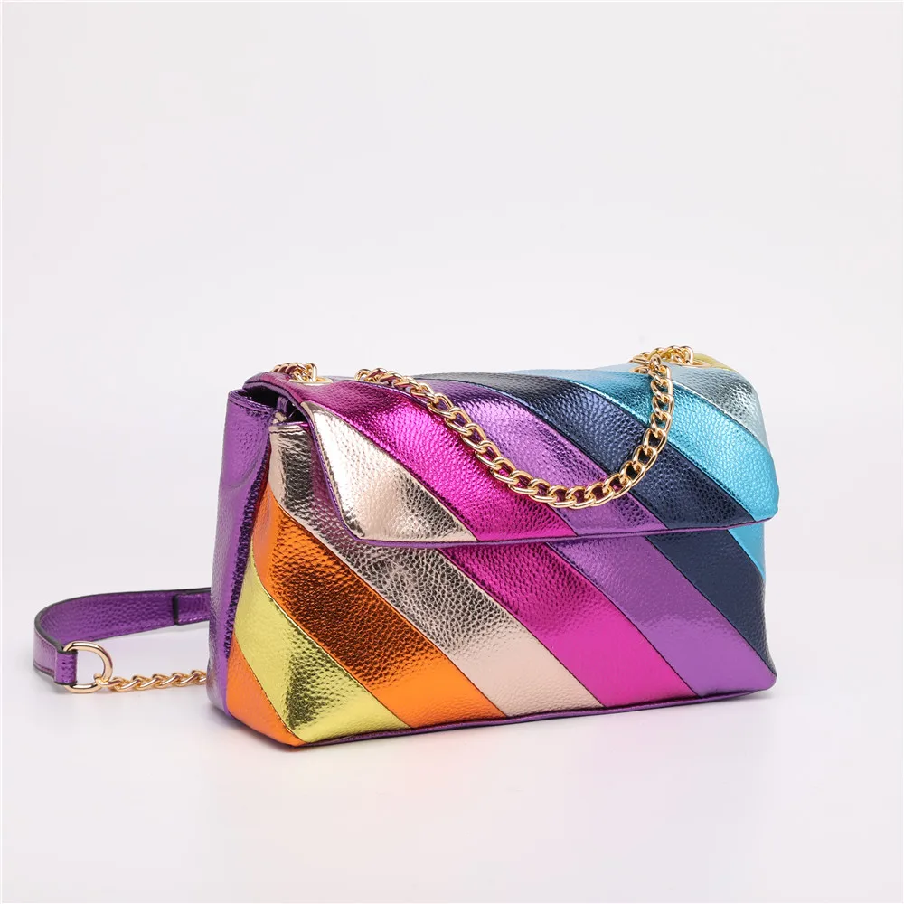 Bolso de mano de PU con correas de cadena, bolsa cruzada multicolor de neón y arco iris