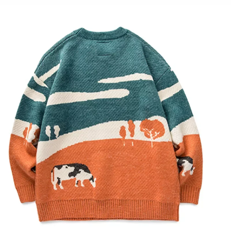 

New2022 Cows Vintage Winter Sweater Warm Daily Knitwear Pullover Male Korean Casual O Neck Jumper Sweater BF Harajuku Knit Coats