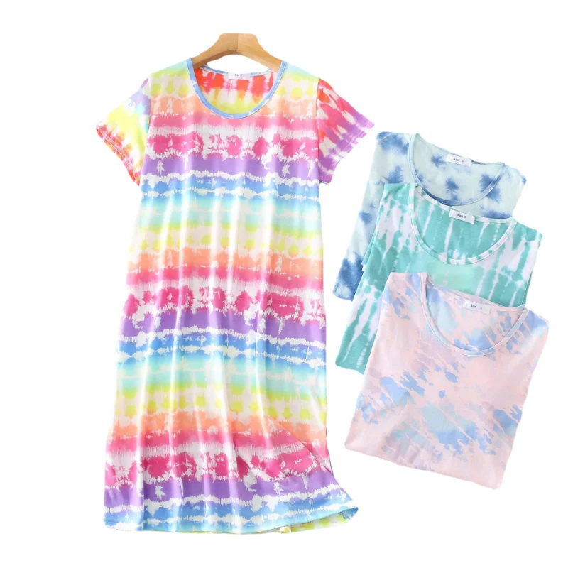 2023 summer nightdress women's large size cute tie-dye home service knitted cotton plus fat short-sleeved round neck pajamas