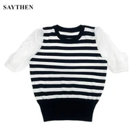 saythen age reducing black and white striped design thin ice linen short sleeved knitted sweater stitching puff sleeved shirttop