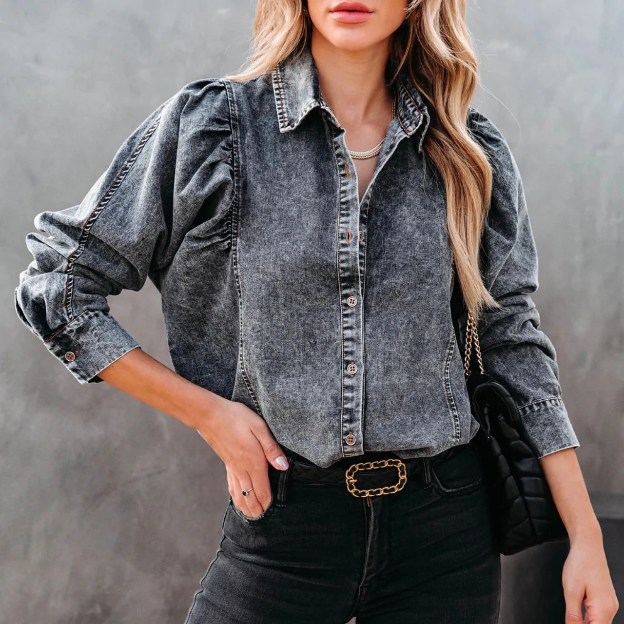 

Vintage Long Sleeve Denim Shirt Women Autumn Winter Denim Jacket Office Ladies Puff Sleeve Streetwear Casual Denim Blouse Tops