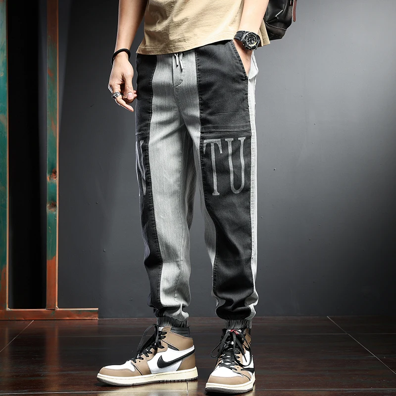 Summer Jeans Men Joggers Pencil Pants Streetwear Fashion Patchwork Gray Black Elastic Waist Drawstring Denim Trousers