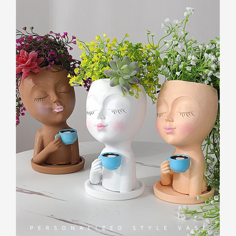 

Girls Face Head Flowerpot Resin Vase Succulent Planter Female Statue Pot With Tray Garden Decor Desktop Ornament Home Decoration