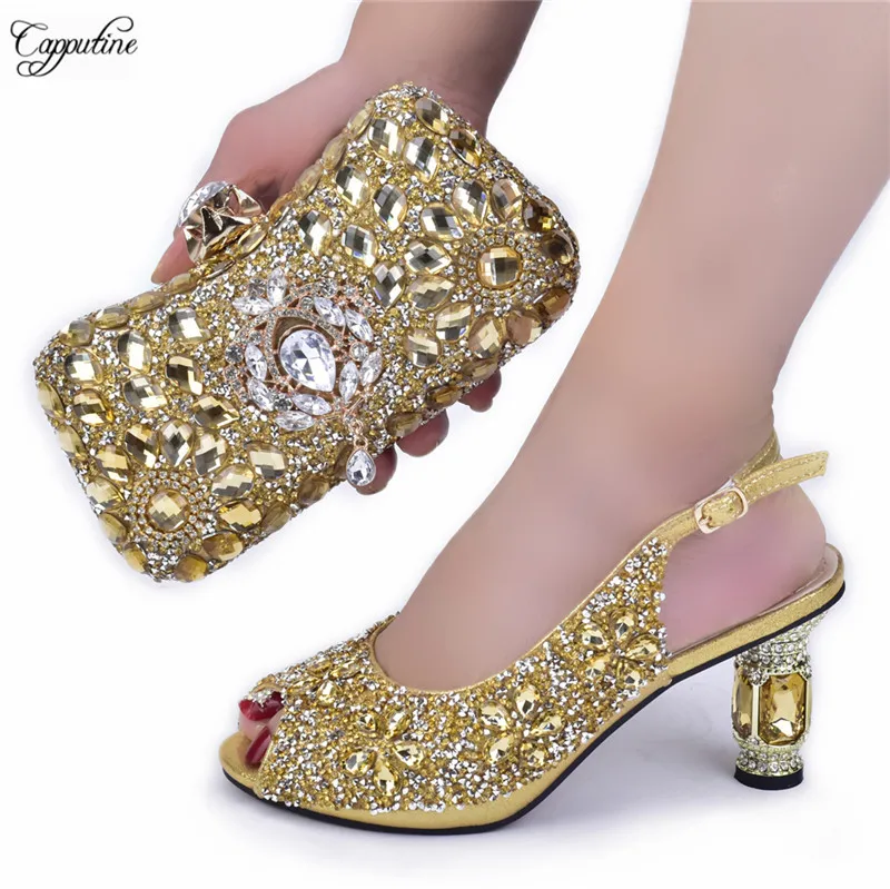 

Luxury Gold Stones Shoes and Bag Set To Match For Woman Ladies Sandals With Purse Handbag Clutch Pumps Sandalias De Mujer 628-7