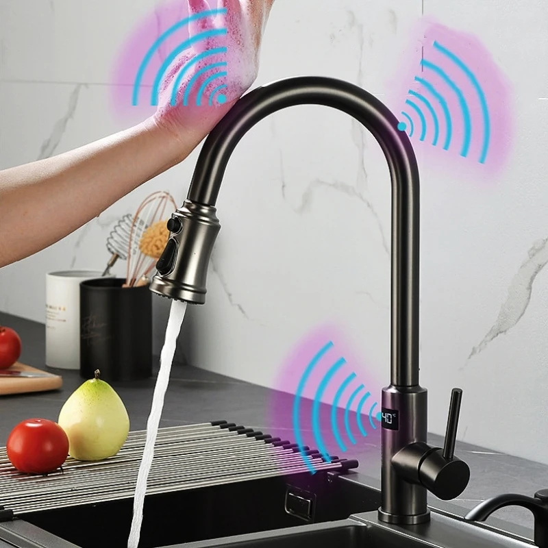 

Smart Touch Temperature Digital Display Kitchen Faucet Pull Out Sensor Faucets 360 Rotation Crane 3 Outlet Water Mixer Taps