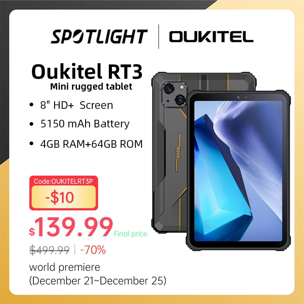 [World Premiere] Oukitel RT3 Mini Rugged Tablet 8 Inch HD+ 5150 mAh 4GB+64GB Android 12 Tablets Mtk Helio P22 16MP Camera Pad