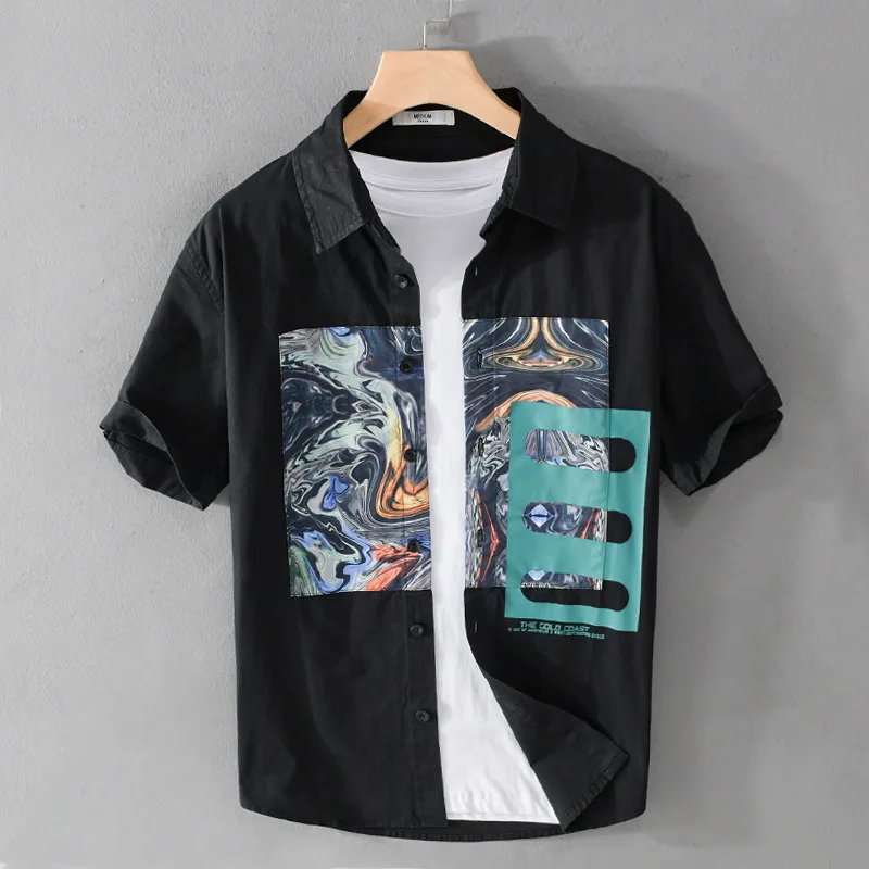 

Abstract Personality Fashion Print Casual Shirt Men's 2022 Summer New Color Contrast Loose Short Sleeve Shirt Coat