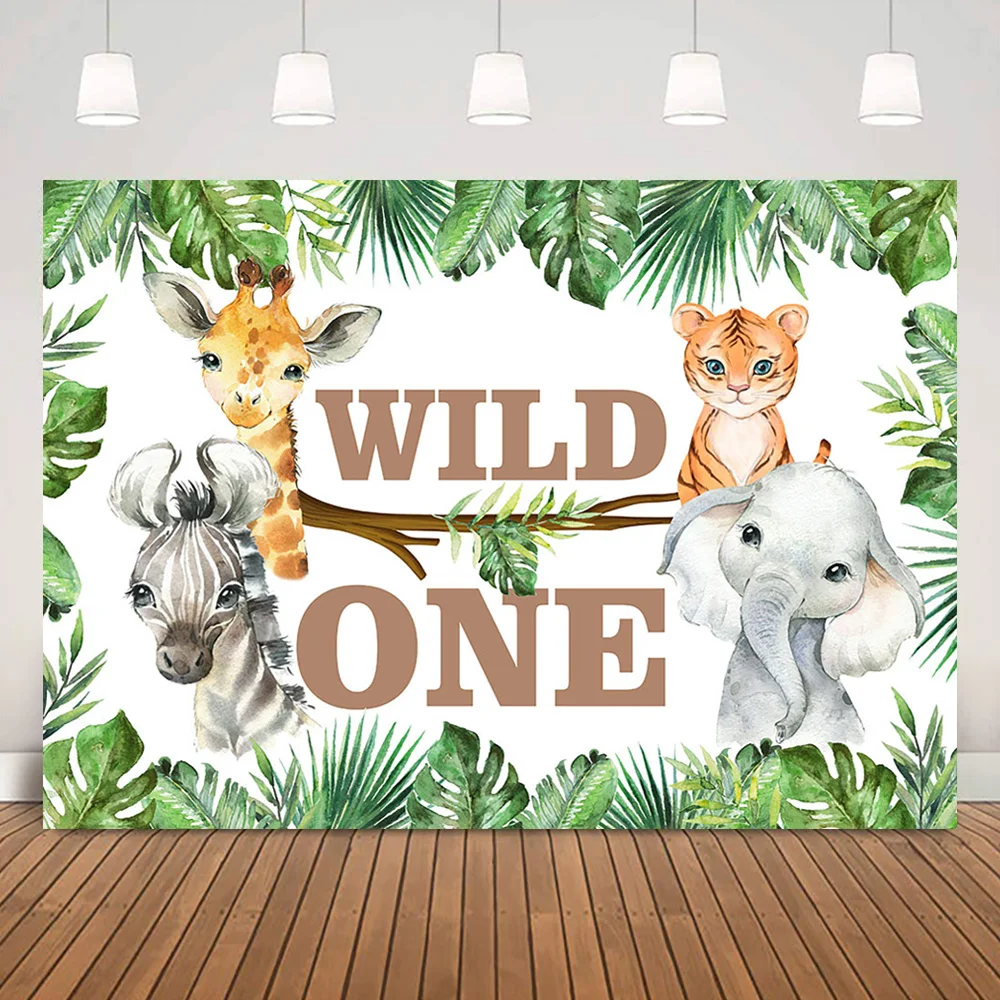 

Wild One Happy Birthday Backdrop Safari Jungle Children 1st Birthday Party Decorations Wild Animals Green Leaves Photo Studio