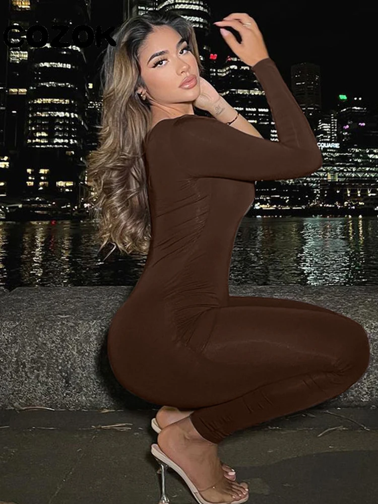 2023 Solid Color One Shoulder Jumpsuit Women Casual Fashion Long Sleeve Basic Skinny Y2K Playsuit Club Party One Piece Outfits