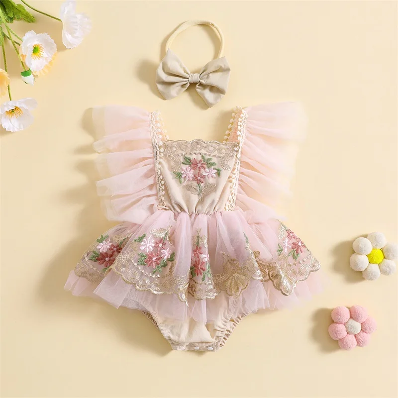 

Newborn Baby Girls Bodysuits Outfit Embroidery Flower Fly Sleeve Romper with Bowknot Hairband Summer Baby Clothes Sunsuits