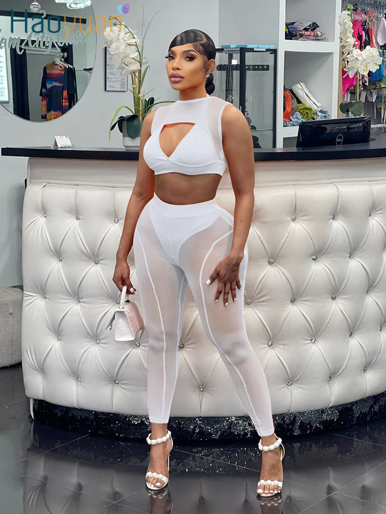 

Соблазнительные комплекты HAOYUAN из двух предметов, Клубные наряды для женщин, спортивный костюм, сетчатый прозрачный укороченный топ с вырез...