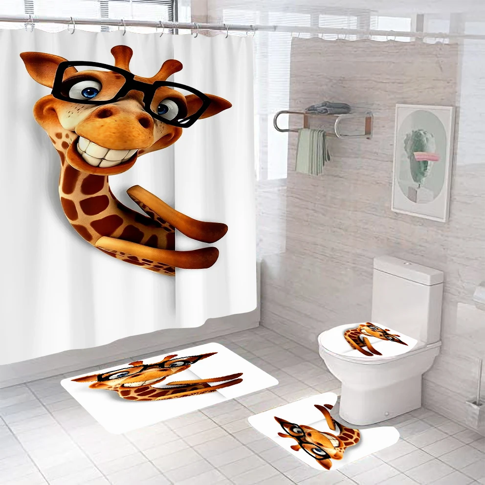 

Kids Giraffe Shower Curtain Bathroom Sets with Shower Curtain And Rugs Toilet Lid Cover and Bath Mat with 12 Hooks
